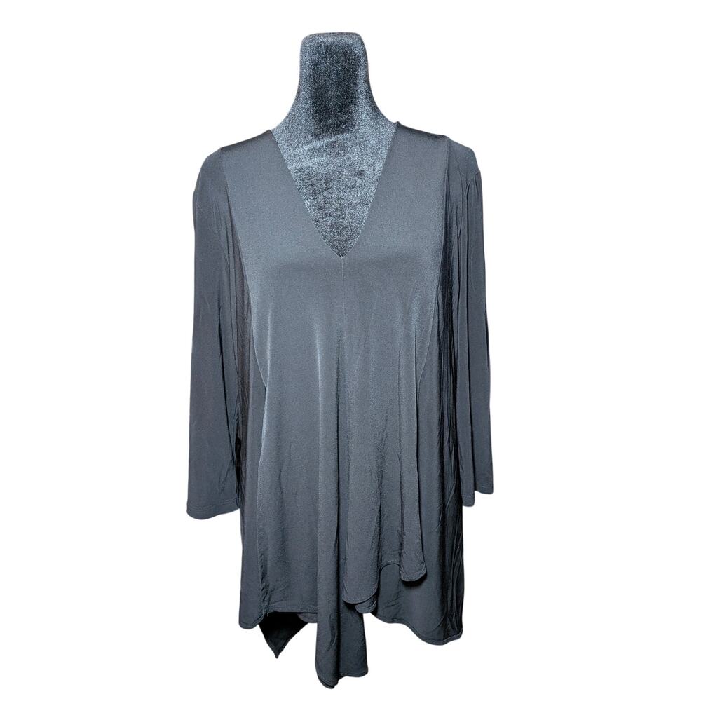 Joseph Ribkoff Black V-Neck Draped Tunic Blouse High Low Flowy 3/4 Sleeve Size 8
